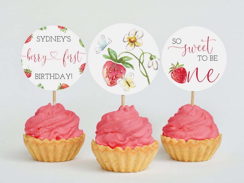 Berry First Birthday Cupcake Toppers Template, Strawberry 1st Birthday, Printable Berry Cupcake Picks, Berry 1st Birthday Small Cake Toppers image 7