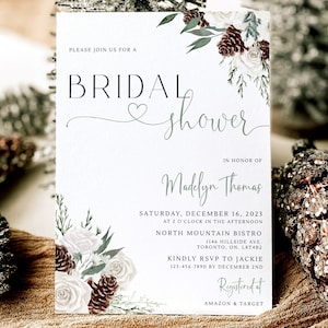 Winter Bridal Shower Invitation, Rustic Pine Bridal Shower Invite, Christmas Bridal Shower Invitation Template, Snow In Love Evite Download