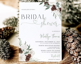 Winter Bridal Shower Invitation, Rustic Pine Bridal Shower Invite, Christmas Bridal Shower Invitation Template, Snow In Love Evite Download