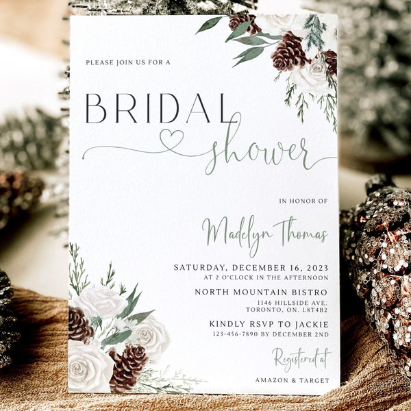 Winter Bridal Shower Invitation, Rustic Pine Bridal Shower Invite, Christmas Bridal Shower Invitation Template, Snow In Love Evite Download