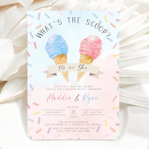 What&#39;s the Scoop Gender Reveal Invitation, Whats the Scoop Digital Invite, Ice Cream Gender Reveal Party Invite Template, He or She Evite