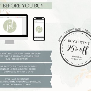 K&ouml;nnte beinhalten: Ein digitales Mockup eines Logo-Designs f&uuml;r ein Unternehmen namens "Jet" mit gr&uuml;nem Hintergrund. Der Text "TRY BEFORE YOU BUY" befindet sich oben im Bild. Der Text "EDIT | DOWNLOAD | PRINT" befindet sich auf der rechten Seite des Bildes. Ein Kreis mit dem Text "BUY 3+ ITEMS 25% off" befindet sich in der Mitte des Bildes. Der Text "APPLIED AT CHECKOUT" befindet sich unter dem Kreis. Der Text "DON'T FORGET YOU CAN ALWAYS USE THE DEMO TO TEST OUT THE TEMPLATE BEFORE BUYING (LINK IN DESCRIPTION)" befindet sich unter dem Logo. Der Text "LOVE THE STYLE BUT NOT THE DESIGN? CONTACT ME FOR A CUSTOM ORDER! TURNAROUND TIME IS 1-2 DAYS" befindet sich unter dem vorherigen Text. Der Text "STILL HAVE QUESTIONS? FEEL FREE TO SEND ME A MESSAGE AND I WILL BE MORE THAN HAPPY TO HELP!" befindet sich unter dem vorherigen Text.