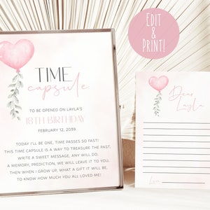 Signo de cápsula del tiempo del primer cumpleaños de Little Sweetheart, cápsula del tiempo boho rosa y plantilla de carta, conjunto de cápsulas del tiempo del primer cumpleaños de niña imprimible