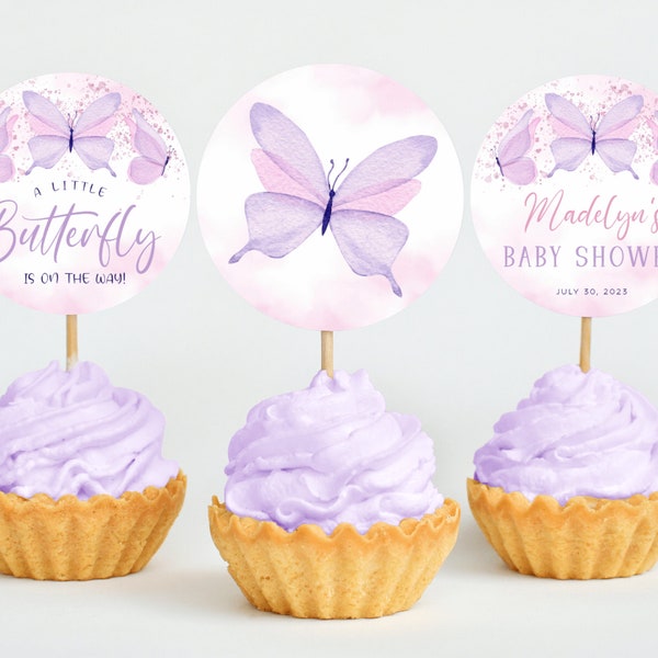 Butterfly Baby Shower Cupcake Toppers Template, Printable Circle Baby Shower Dessert Toppers, A Little Butterfly Is On The Way Treat Toppers