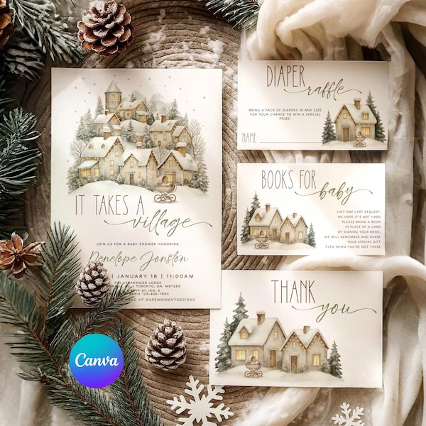 Invitación para baby shower "It Takes a Village", invitación para baby shower de invierno, invitación editable de género neutro, baby shower navideño de pueblo en Canva