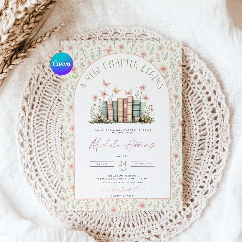 A New Chapter Begins Baby Shower Invite, Storybook Baby Shower Invitation Template, Girl Baby Shower Invite, Canva Baby Shower Digital Evite image 1