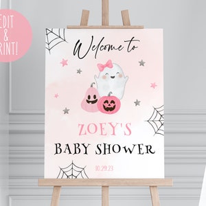 A Little Boo Is Almost Due Baby Shower Welcome Sign, Pink Little Boo Baby Shower Welcome Board, Printable Girl Ghost Sign, Halloween Shower