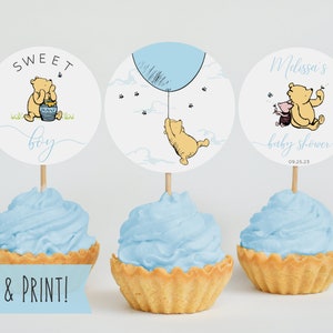 Plantilla de toppers de cupcakes de baby shower de Winnie The Pooh Boy, toppers de postre de baby shower de círculo imprimible, toppers de baby shower azules imprimibles