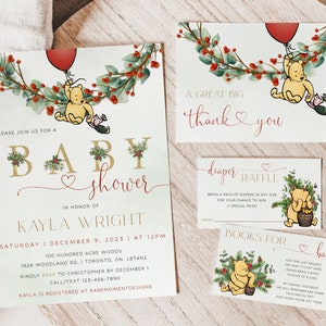 Modello classico di invito per baby shower Winnie The Pooh, set di inviti per baby shower natalizio di Winnie The Pooh, pacchetto vacanze Winter Pooh Bear
