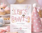 Let's Pawty Birthday Invitation, Pink Dog Party Invite, Girls Birthday Invitation, Puppy Kids Birthday Party Theme, Editable Any Age, Canva