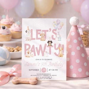 Let's Pawty Birthday Invitation, Pink Dog Party Invite, Girls Birthday Invitation, Puppy Kids Birthday Party Theme, Editable Any Age, Canva