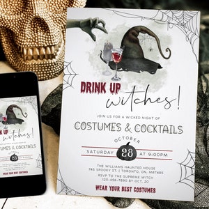 Adult Halloween Party Invitation, Drink Up Witches Invitation Template, Editable Costumes & Cocktails Invite, Spooky Digital Evite Download