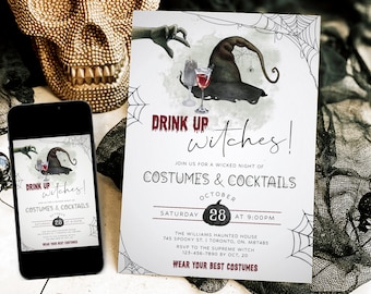 Adult Halloween Party Invitation, Drink Up Witches Invitation Template, Editable Costumes & Cocktails Invite, Spooky Digital Evite Download