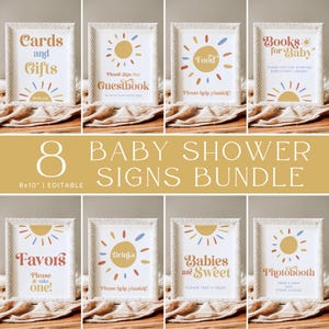 Here Comes the Son Baby Shower Signs bundel, Sun Baby Shower Sign, bewerkbaar Sunshine Table Sign, afdrukbaar Boho Sun babyshower poster decor