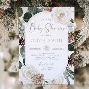 Modèle d&#39;invitation de douche de bébé d&#39;hiver, invitation de douche de bébé de vacances modifiable, Noël Floral Baby Shower Evite, téléchargement immédiat imprimable