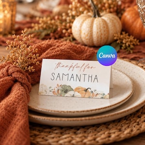 Thanksgiving Name Cards, Friendsgiving Name Place Cards, Thankful For Labels, Printable Name Cards, Editable Fall Name Tags, Table Decor DIY