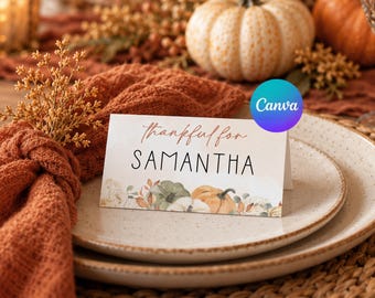 Thanksgiving Name Cards, Friendsgiving Name Place Cards, Thankful For Labels, Printable Name Cards, Editable Fall Name Tags, Table Decor DIY