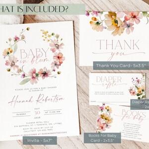 Peut inclure: Un ensemble de cartes de f&ecirc;te pr&eacute;natale imprimables avec un motif floral compos&eacute; de fleurs roses et jaunes. Les cartes comprennent une invitation, une carte de remerciement, une carte de tombola pour les couches et une carte de livres pour b&eacute;b&eacute;. Le texte sur les cartes est "Baby in Bloom", "Merci", "Tombola de couches" et "Livres pour b&eacute;b&eacute;".