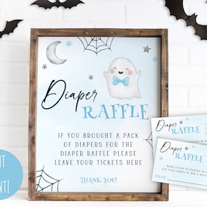 Ein kleiner Boo ist fast fällig Babyparty-Windel-Verlosungszeichen, Halloween-Windel-Verlosungskarten, blauer Geist-Windel-Verlosungskarten, digitaler Download
