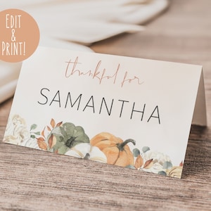 Thanksgiving Name Cards, Friendsgiving Name Place Cards, Thankful For Labels, Printable Name Cards, Editable Fall Name Tags, Table Decor DIY