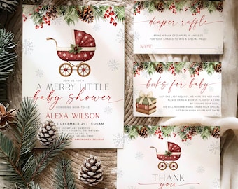 May include: Baby shower stationery set with a festive winter design. The main invitation card displays a red and white baby carriage illustration and the text "A Merry Little Baby Shower." Other cards include "Diaper Raffle," "Books for Baby," and a thank you card.