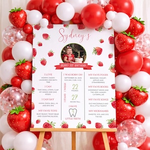 Plantilla de letrero de hitos del primer cumpleaños de Berry, Letrero de primer cumpleaños de fresa, Tablero de hitos de fresa editable, Decoración de cumpleaños para niña, Canva