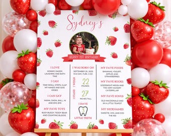 Berry First Birthday Milestone Sign Template, Strawberry 1st Birthday Sign, Editable Strawberry Milestones Board, Girl Birthday Decor, Canva