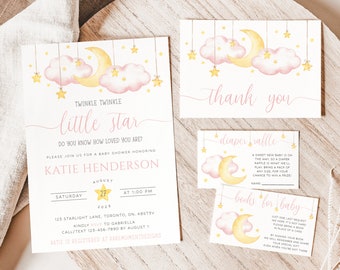 Moon and Stars Baby Shower Invitation, Printable Girl Baby Shower Invite, Twinkle Little Star Baby Shower Invitation, Pink Baby Shower Evite