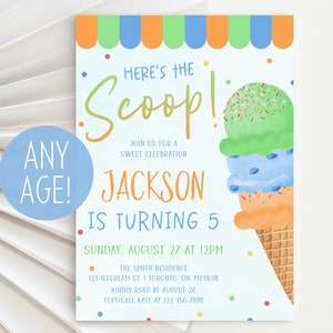 Heres the Scoop Birthday Invitation, Ice Cream Birthday Party Invitation Template, Boy Icecream Birthday Invite, Editable Kids Summer Evite