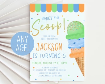 Heres the Scoop Birthday Invitation, Ice Cream Birthday Party Invitation Template, Boy Icecream Birthday Invite, Editable Kids Summer Evite
