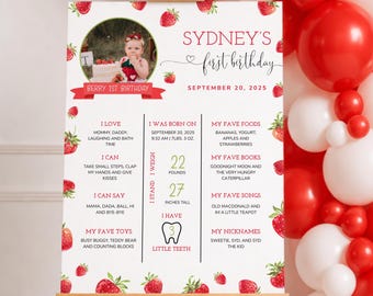 Berry First Birthday Milestone Sign, Strawberry 1st Birthday Sign Template, Editable Strawberry Milestone Board, Printable Berry Party Decor