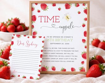 Berry First Birthday Time Capsule Sign, Editable Strawberry 1st Birthday Time Capsule, Girl's Time Capsule Sign + Letter Template, Canva