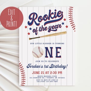 Rookie of the Year First Birthday Invitation, Baseball 1st Birthday Invitation Template, Editable Boy 1st Birthday Invite, Sports Birthday