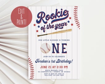 Rookie of the Year First Birthday Invitation, Baseball 1st Birthday Invitation Template, Editable Boy 1st Birthday Invite, Sports Birthday