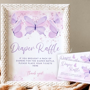 Schmetterling Windel Verlosung Zeichen, Schmetterling Baby Shower Windel Verlosung Vorlage, Mädchen Baby Shower Windel Verlosung Tickets, bearbeitbare Windel Verlosung