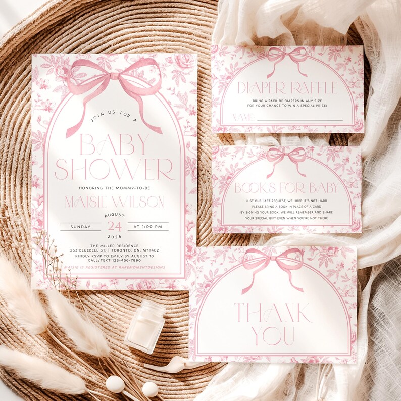 May include: A set of baby shower invitations and inserts with a floral and bow design in shades of pink. The main invitation includes the text "Baby Shower" and event details. Additional cards include "Diaper Raffle," "Books for Baby," and "Thank You."
