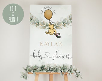 Plantilla de signo de bienvenida de Winnie The Pooh Baby Shower, tablero de bienvenida de oso Pooh verde salvia y oro, señalización de Winnie-The-Pooh de vegetación imprimible