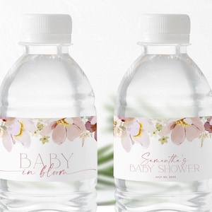 Baby in Bloom Water Bottle Labels, Pink Floral Baby Shower Water Bottle Label Template, Editable Baby Shower Labels, Girl Baby Shower Favors