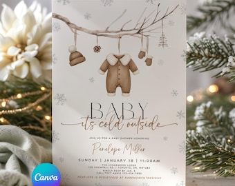 Babyparty-Einladung „Es ist kalt draußen“, Winter-Babyparty-Einladung, Babyparty mit Wäscheleine-Motiv, bearbeitbare Canva-Vorlage, digitale Einladung