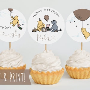 Classic Winnie The Pooh Birthday Cupcake Toppers Template, Printable Circle 1st Birthday Party Dessert Toppers, Editable Pooh Bear Toppers
