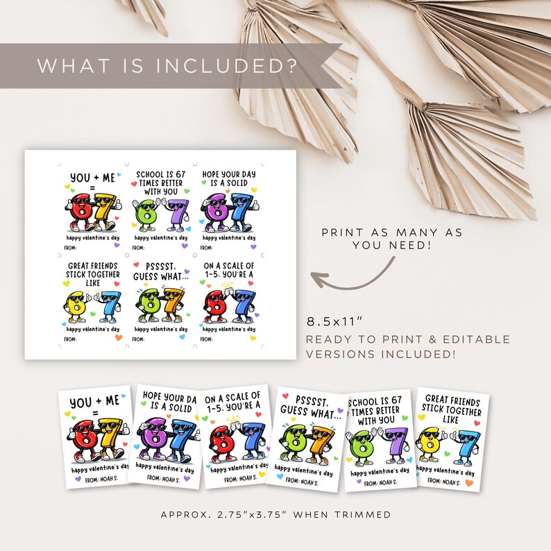 May include: A Valentine's Day printable set featuring colorful number characters with various phrases. The set includes an 8.5x11 inch sheet and smaller cards, with text like "You + Me" and "Great Friends Stick Together Like".