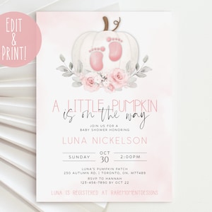 A Little Pumpkin Is On The Way Invitation Template, Fall Baby Shower Invite, White Pumpkin Pink Floral Digital Evite, Girl Baby Feet Invites