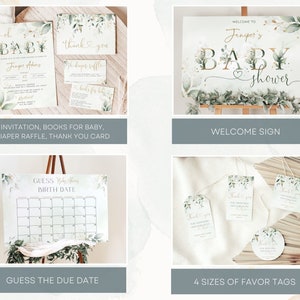 May include: A set of printable baby shower decorations featuring a green and gold color scheme with a watercolor floral design. The set includes an invitation, thank you card, diaper raffle ticket, welcome sign, and guess the due date sign. The decorations also include four sizes of favor tags.