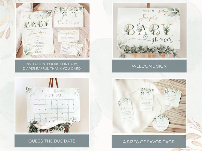 May include: A set of printable baby shower decorations featuring a green and gold color scheme with a watercolor floral design. The set includes an invitation, thank you card, diaper raffle ticket, welcome sign, and guess the due date sign. The decorations also include four sizes of favor tags.