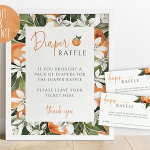 Little Cutie Baby Shower Diaper Raffle Sign Template, Editable Cutie Baby Shower Sign, Printable Orange Baby Shower Diaper Raffle Ticket