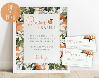 Little Cutie Baby Shower Diaper Raffle Sign Template, Editable Cutie Baby Shower Sign, Printable Orange Baby Shower Diaper Raffle Ticket