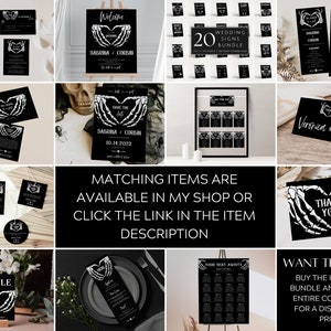 May include: A set of 20 black and white wedding signs featuring a skeleton hand holding a heart. The signs include a welcome sign, a save the date sign, a seating chart, a table number sign, a thank you sign, and a sign that says "Want them all? Buy the ultimate bundle and get the entire collection for a discounted price!"