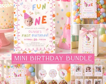 May include: A birthday party stationery bundle featuring a white invitation with colorful text reading it's FUN to be ONE, Olivia's first birthday, date, and location. Includes matching cupcake toppers, a thank you tag, and monthly photo cards.