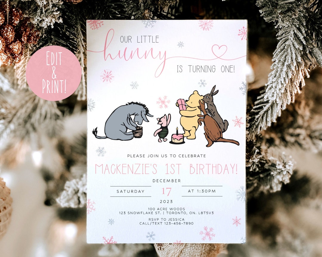 Winnie the Pooh 1st Birthday Invitation Template Girl Winter Etsy