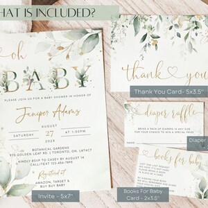May include: A set of printable baby shower cards with a green and gold watercolor design. The cards include an invitation, thank you card, diaper raffle card, and a books for baby card. The text on the cards reads "Oh Baby", "Thank You", "Diaper Raffle", and "Books for Baby".